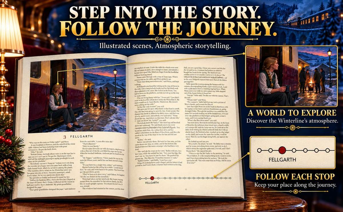 Inside the book: illustrated scenes, atmospheric storytelling and a route map to follow each stop
