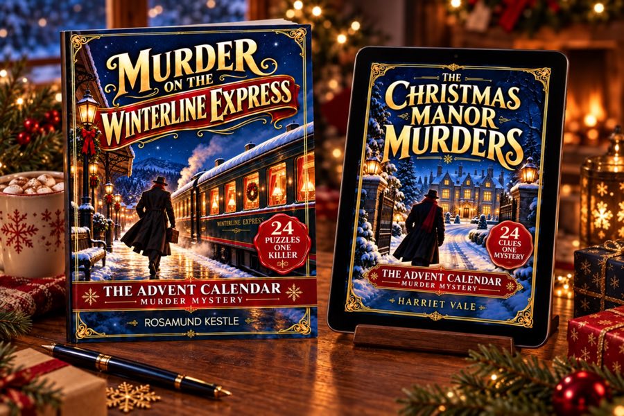 The printed book together with the Digital Bonus, The Christmas Manor Murders, on a tablet