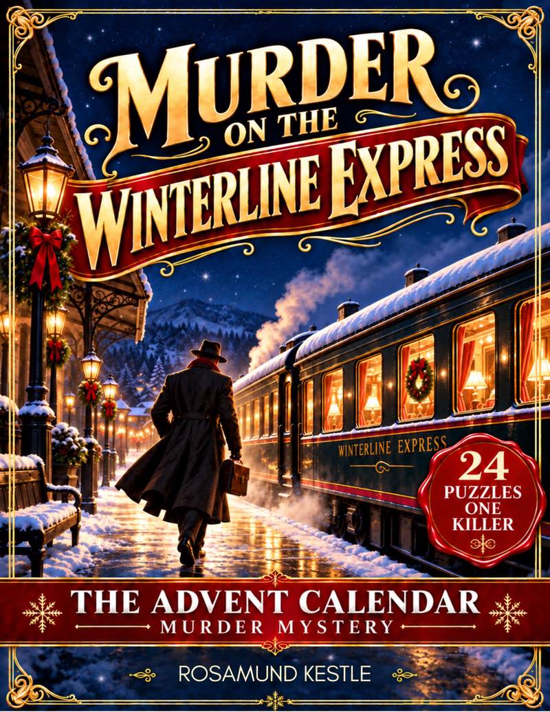Front cover: a detective walks along a snowy platform beside the Winterline Express