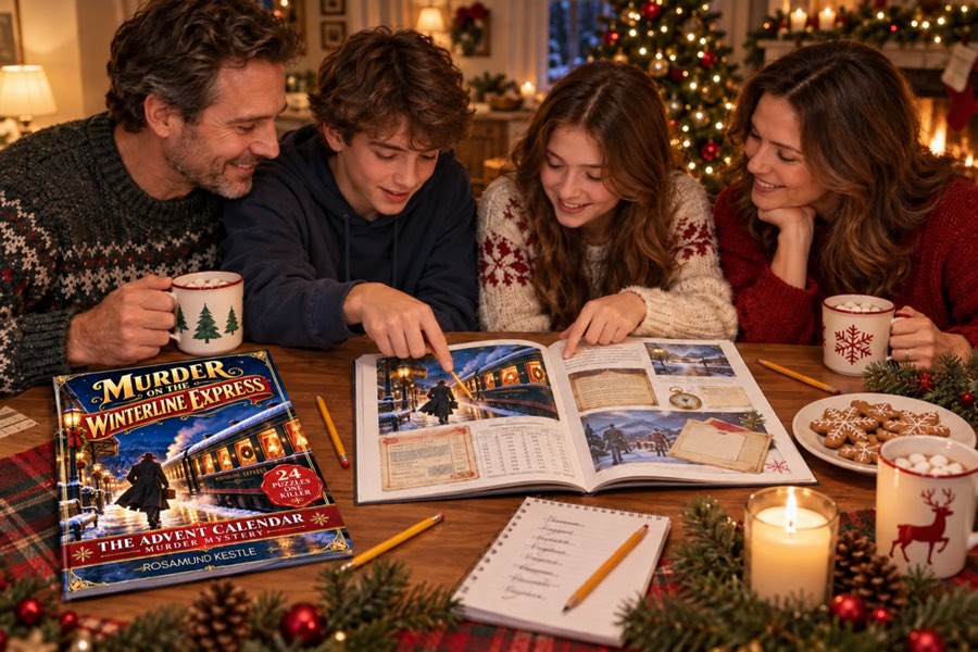 A family solving the Winterline mystery together at the kitchen table