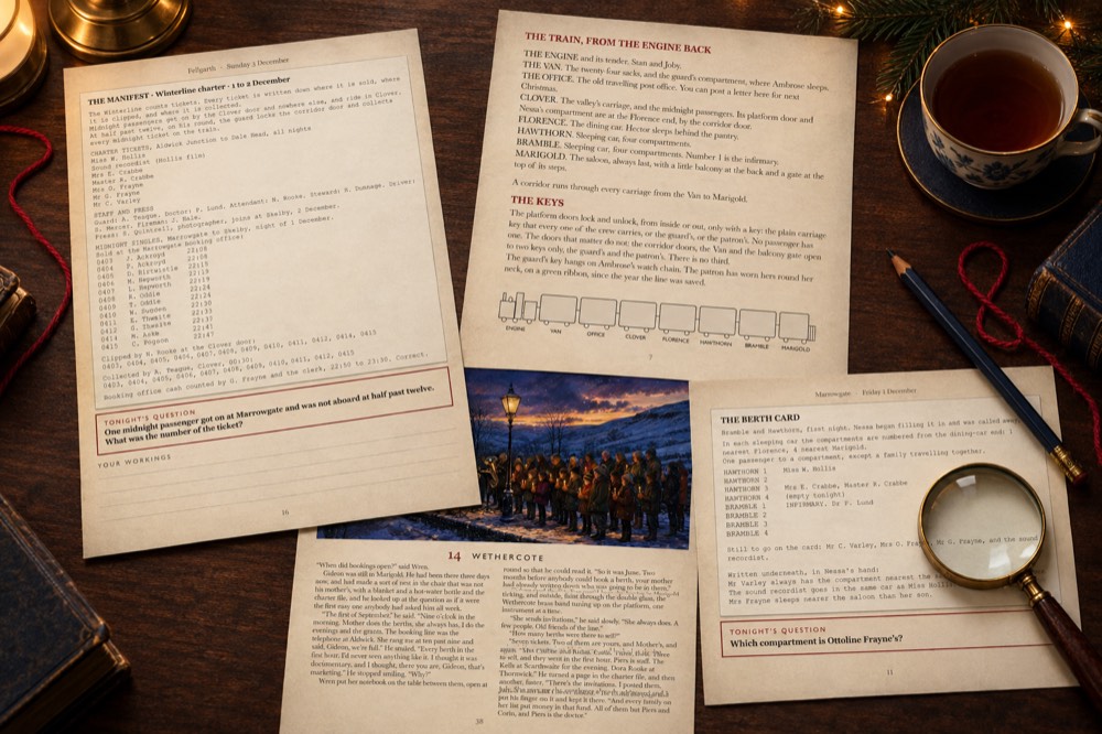 Real pages from the book laid out: the ticket manifest, the plan of the train, chapter 14 and the Berth Card