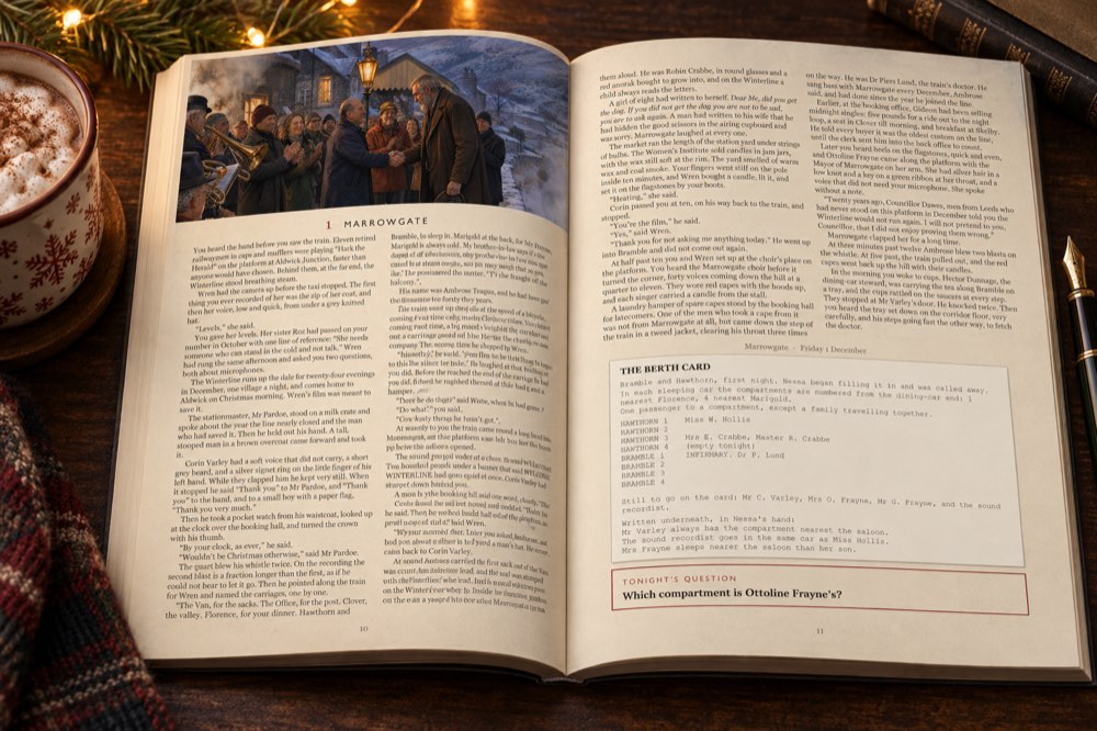 The book open at chapter 1, Marrowgate, with the Berth Card and the night's question