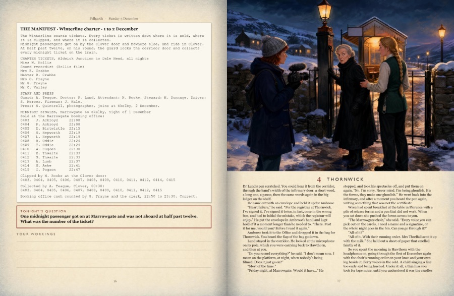 Pages 16 and 17: the ticket manifest and chapter 4, Thornwick