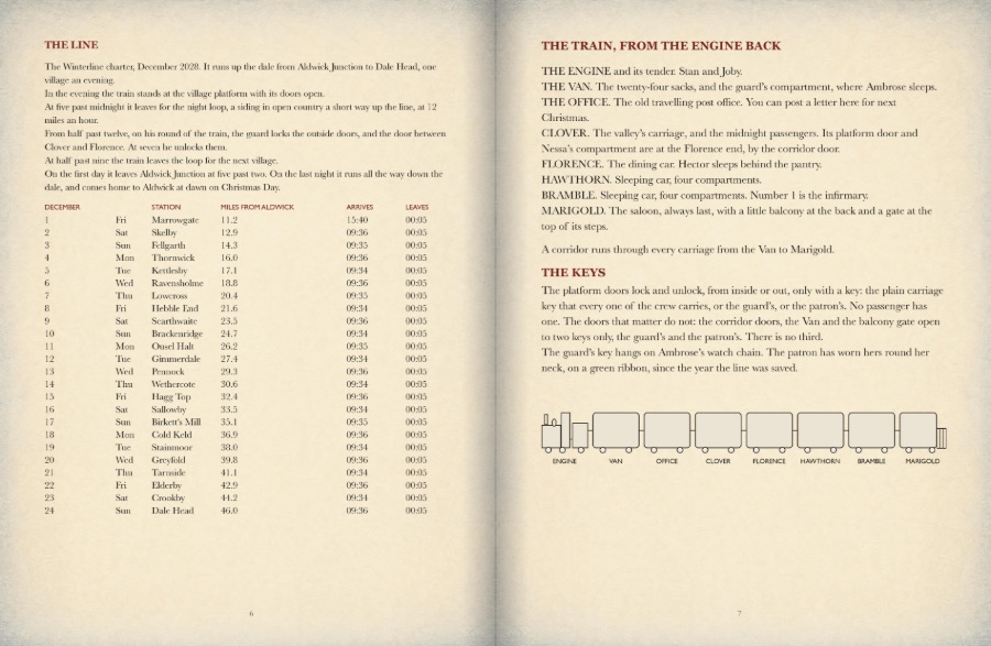 Pages 6 and 7: the timetable of the line and the plan of the train